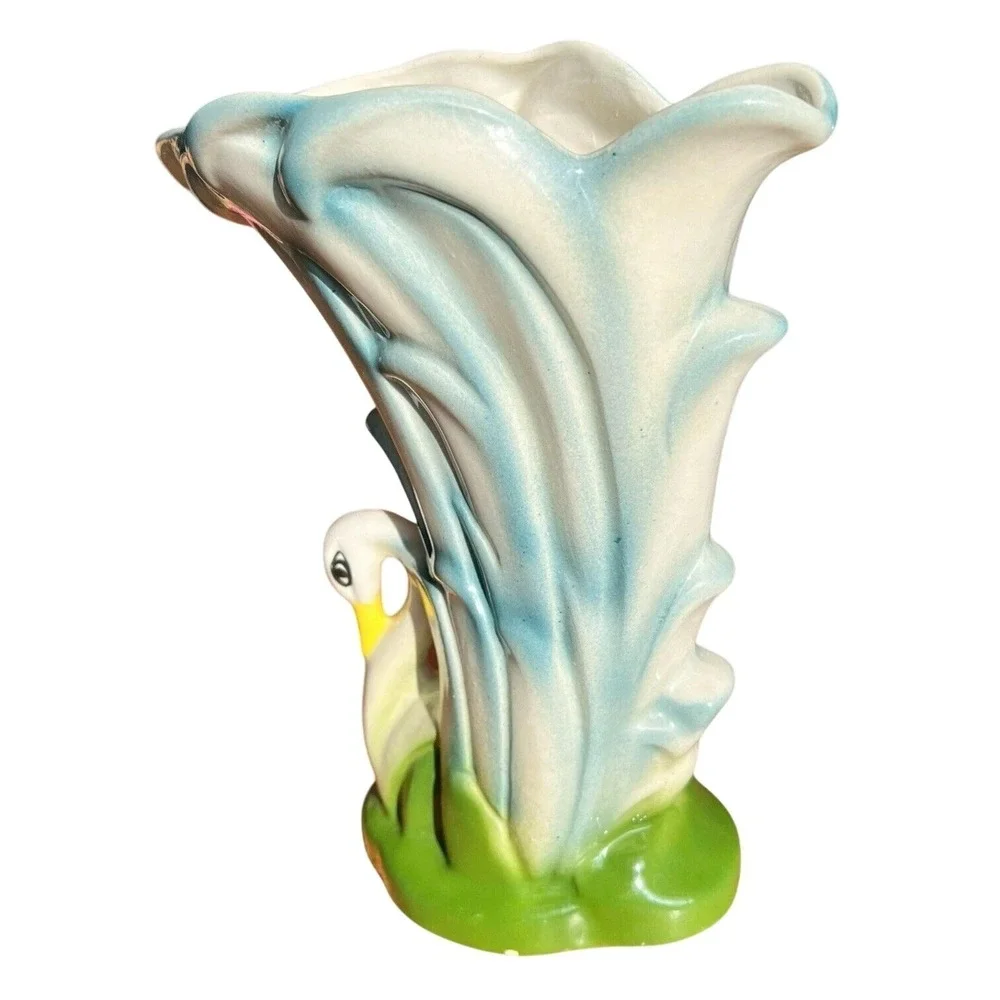 Vtg Swan Ceramic Vase Planter Blue‎ Green White MCM Unsigned McCoy Pottery Retro